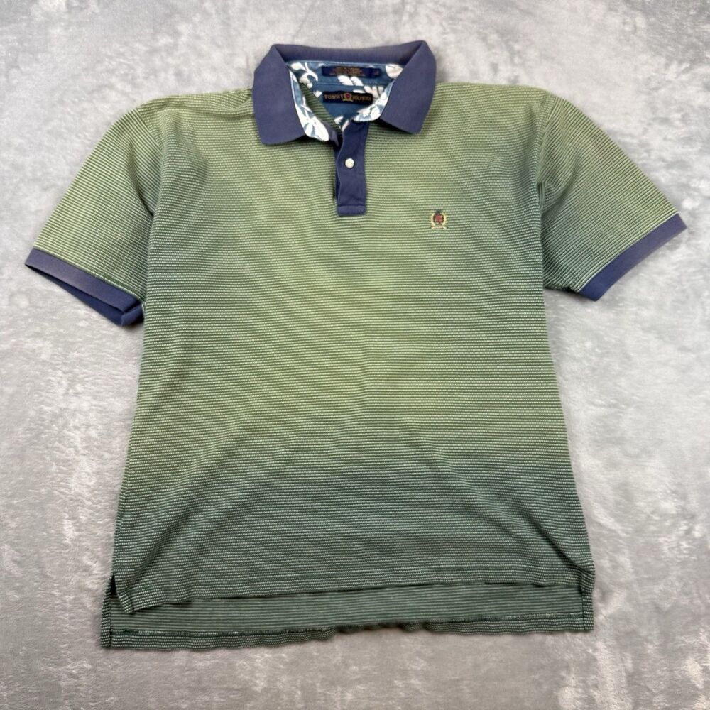 Vintage 90s Tommy Hilfiger Crest Logo Polo Shirt Faded Green Striped Mens L